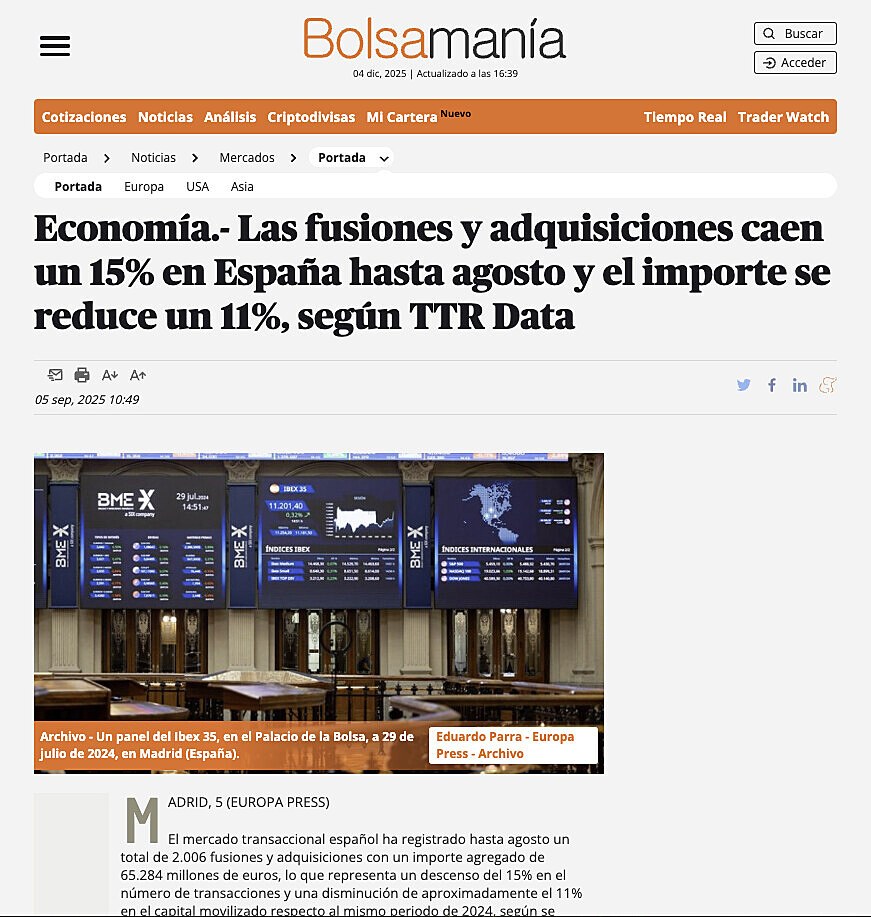 Economa.- Las fusiones y adquisiciones caen un 15% en Espaa hasta agosto y el importe se reduce un 11%, segn TTR Data